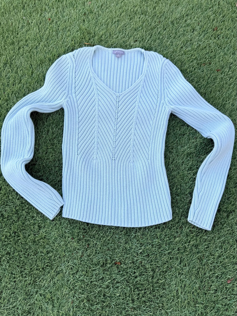 Ann Taylor Pale Blue Ribbed Chevron Crewneck Sweater